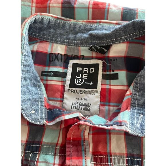 PROJEKRAW Mens Multicolor Plaid Collared Short Sleeves Button-Up Shirts XL - Picture 7 of 15